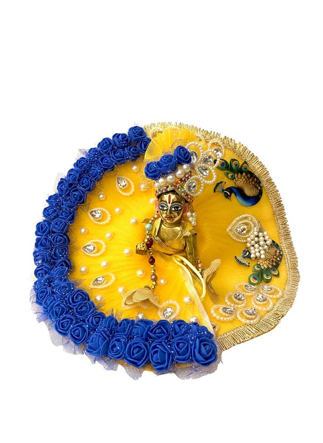 🌼 Divine Yellow & Blue Laddu Gopal Poshak with Peacock Embroidery