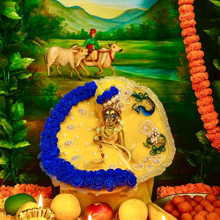 🌼 Divine Yellow & Blue Laddu Gopal Poshak with Peacock Embroidery